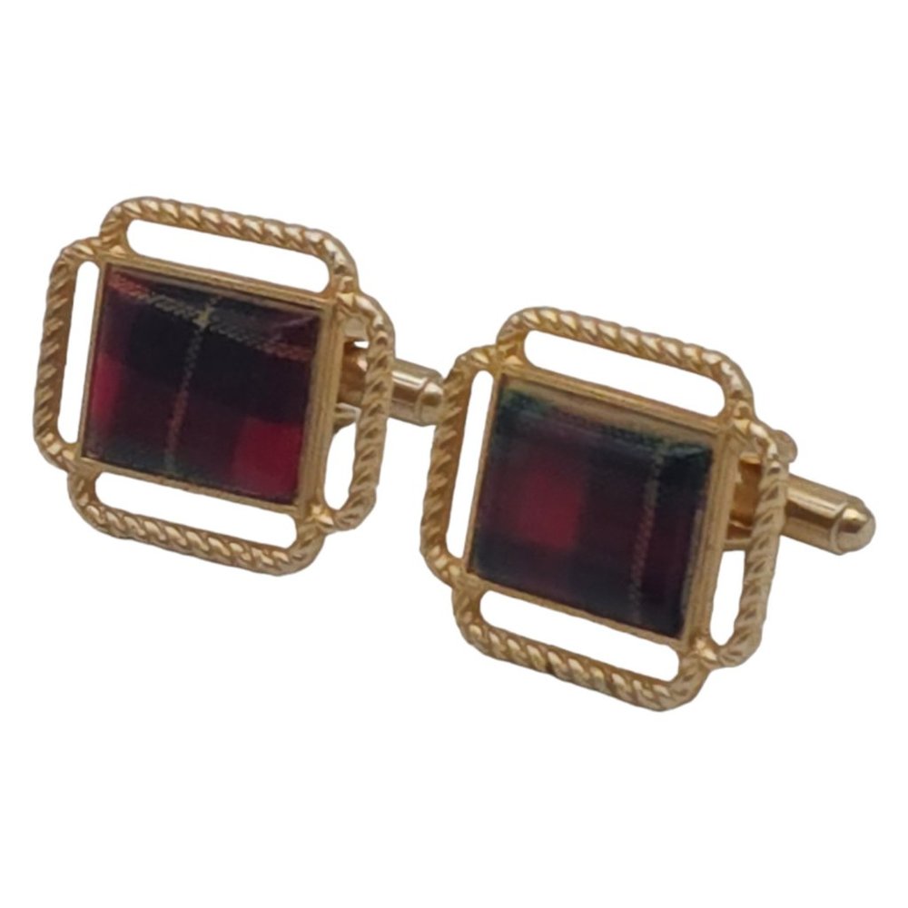 Vintage Mens Red Plaid Gold Tone Cufflinks E13